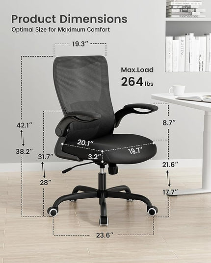 Office Chair, Ergonomic Desk Chair with Adjustable Lumbar Support and Flip up Armrest, Breathable Mesh Computer Chair for Home Office, Black - LeafyLoom