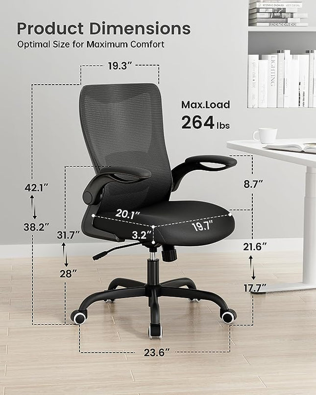 Office Chair, Ergonomic Desk Chair with Adjustable Lumbar Support and Flip up Armrest, Breathable Mesh Computer Chair for Home Office, Black - LeafyLoom