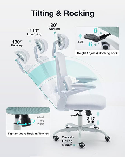 Ergonomic Office Chair with Tilt-Lock, Home Office Desk Chair with Auto Lumbar Support, High Back Mesh Desk Chair with Adjustable Headrest, Swivel Task Chair or Study Room Bedroom,White - LeafyLoom
