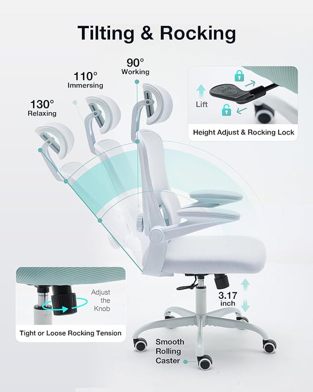 Ergonomic Office Chair with Tilt-Lock, Home Office Desk Chair with Auto Lumbar Support, High Back Mesh Desk Chair with Adjustable Headrest, Swivel Task Chair or Study Room Bedroom,White - LeafyLoom