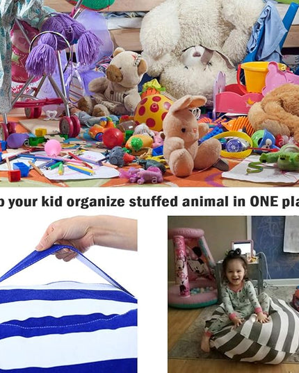 2 Packs Stuffed Animal Storage Beanbag Cover 24" Bean Bag Storage for Kids Girs Boys Room Toys Organizer Heavy-duty Zipper Bean Bag Chair Covers Only Grey Blue White Stripes Cotton Canvas - LeafyLoom