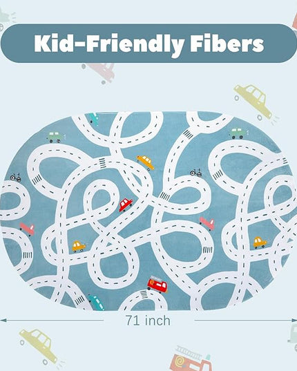 Large Kids Playroom Rug, 4'x6' Washable Road Rug for Nursery, Non-Slip Fun Area Rug for Kids Room, Blue Car Rug Play Mat Soft Baby Carpet for Boys Girls Dorm Toy Room Tent - LeafyLoom