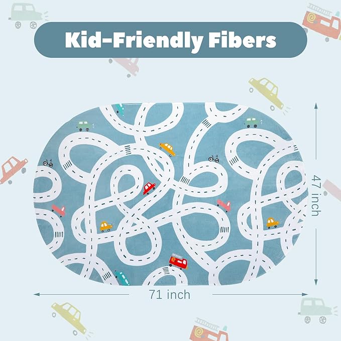 Large Kids Playroom Rug, 4'x6' Washable Road Rug for Nursery, Non-Slip Fun Area Rug for Kids Room, Blue Car Rug Play Mat Soft Baby Carpet for Boys Girls Dorm Toy Room Tent - LeafyLoom