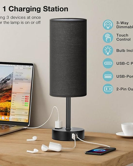 Black Bedroom Lamp for Nightstand - 3 Way Dimmable Bedside Lamp USB C A Charging Ports and AC Outlet, Small Table Lamp Black Base for Living Room, Office Desk, LED Bulb Included - LeafyLoom