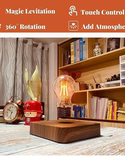 Levitating Bulb Lamp Magnetic Floating Light Desk Lamp Night Light, 360 Degree Wireless Automatic Rotating Light for Gifts Home Office Decor Desk Tech Toys (Square-Dark Brown Base) - LeafyLoom