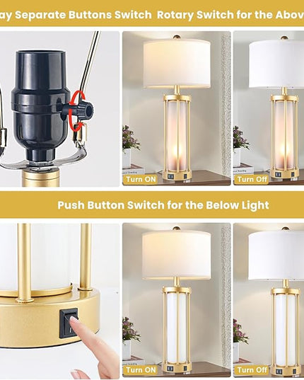 Table Lamps for Living Room Set of 2,26" Tall Gold Bedside Farmhouse Table Lamps with LED Lantern Nightlight,Bedroom Nightstand Lamps with Dual USB Port Grey White Shade (Bulbs Included) - LeafyLoom