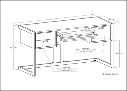 SIMPLIHOME Hampden SOLID ACACIA WOOD Modern Industrial 60 Inch Wide Desk in Weathered Grey, For the Office Desk, Writing Table, Workstation and Study Table - LeafyLoom