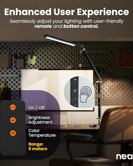 Neatfi LED Desk Lamp with Clamp, Touch & Remote Controlled, Stepless Dimming, 3 Color Modes, 3000-6000K, Detachable Shade, Flicker-Free, 360° Rotation, Wide Angle Lighting (Modern, Black) - LeafyLoom