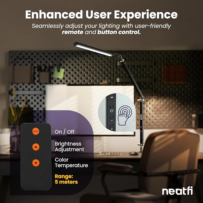 Neatfi LED Desk Lamp with Clamp, Touch & Remote Controlled, Stepless Dimming, 3 Color Modes, 3000-6000K, Detachable Shade, Flicker-Free, 360° Rotation, Wide Angle Lighting (Modern, Black) - LeafyLoom