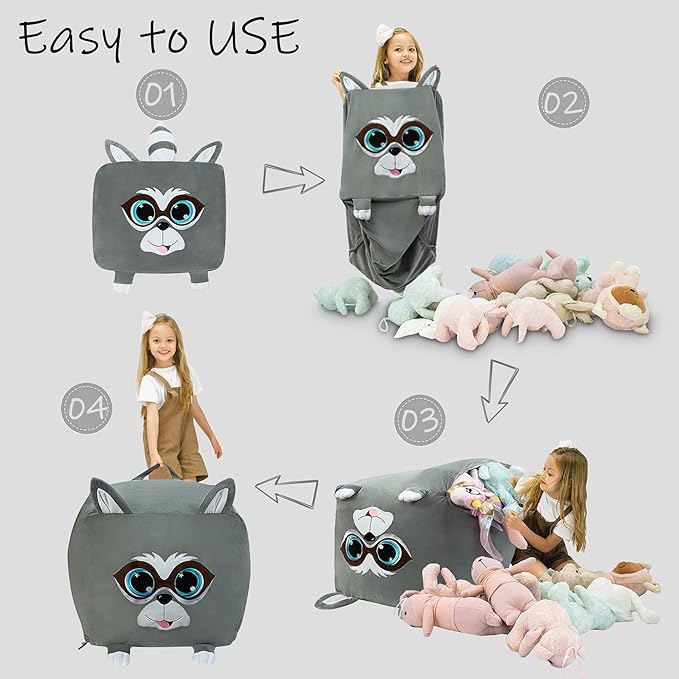 Cute Raccoon Toy Organizers and Storage for Kids Room Decor, Childrens Bean Bag Chairs, Extra Large Size, Velvet Super Soft Cover Only - LeafyLoom