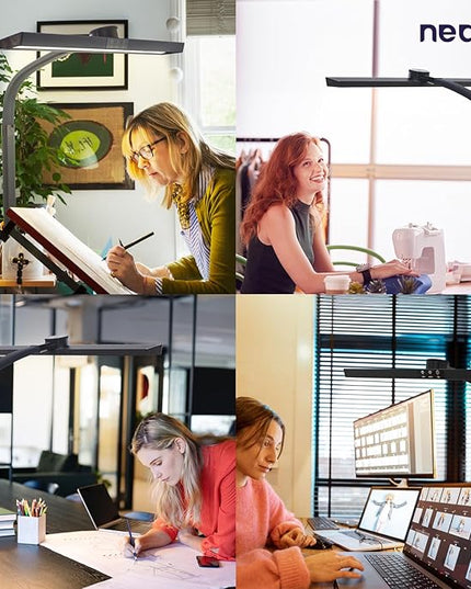 Neatfi LED Desk Lamp with 6-Level Brightness, Adjustable 2700~6500K Color Temperature, 14” Wide, Timer & Charging Port - Touch & Knob Control, 800 Lumens, Dimmable LED Table Light, 24W, CRI 85 (Black) - LeafyLoom
