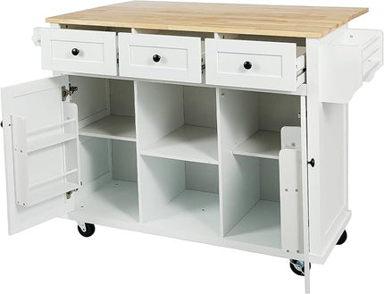 53" W Kitchen Island Table w/Cabinet and 3 Drawers, Spice Holder, Rolling Kitchen-Cart on 5 Wheelswith Rubber Wood Drop-Leaf Countertop & Internal Storage, for Dining Room, Cafe - LeafyLoom