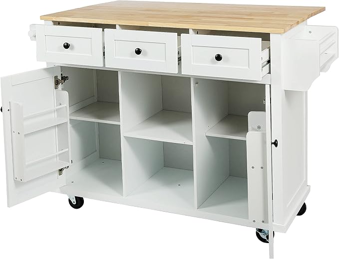 53" W Kitchen Island Table w/Cabinet and 3 Drawers, Spice Holder, Rolling Kitchen-Cart on 5 Wheelswith Rubber Wood Drop-Leaf Countertop & Internal Storage, for Dining Room, Cafe - LeafyLoom