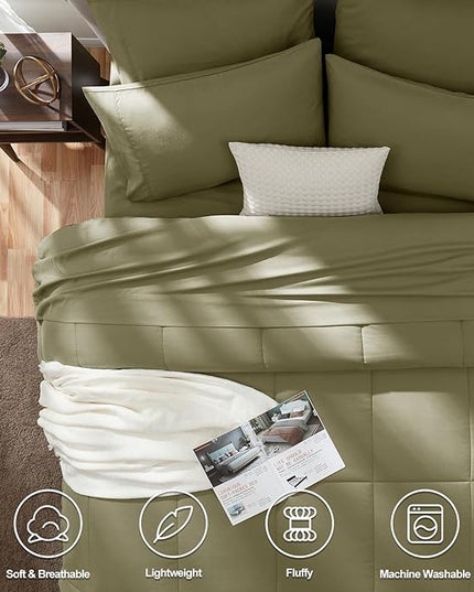 CozyLux King Size Comforter Set - 7 Pieces Bed in a Bag Set Olive Green, King Bedding Set with All Season Quilted Comforter, Flat Sheet, Fitted Sheet, Pillowcases - LeafyLoom