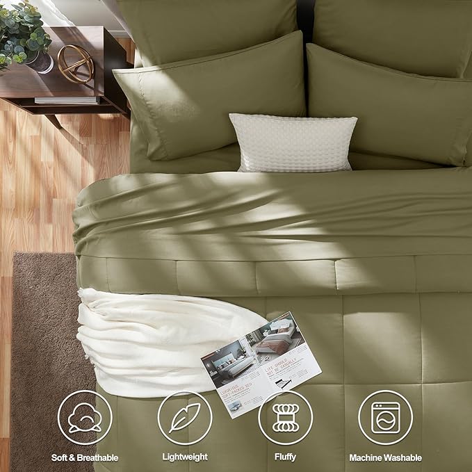 CozyLux King Size Comforter Set - 7 Pieces Bed in a Bag Set Olive Green, King Bedding Set with All Season Quilted Comforter, Flat Sheet, Fitted Sheet, Pillowcases - LeafyLoom