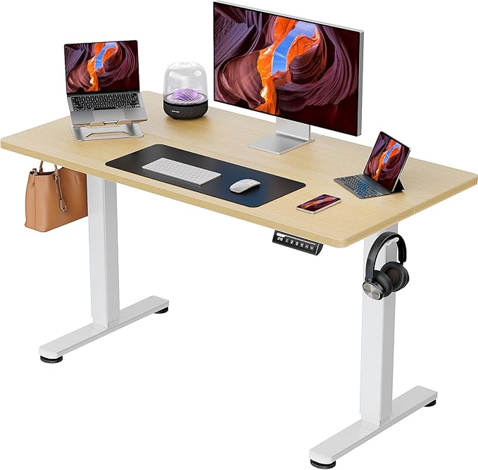 ErGear Height Adjustable Electric Standing Desk, 44 x 24 Inches Small Sit Stand up Desk, Memory Computer Home Office Desk (Natural) - LeafyLoom