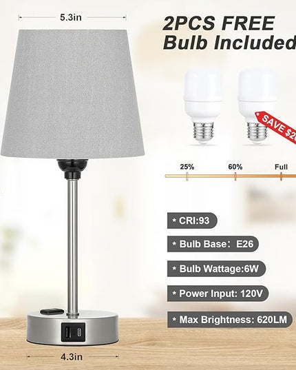Table Lamps for Bedrooms Set of 2 Bedside - Nightstand Bedroom Lamp with USB C Port and AC Outlet Charging, Dimmable Touch Small End Side Lamp, Grey Night Stand Light for Kid/Guest Room/Living Room - LeafyLoom