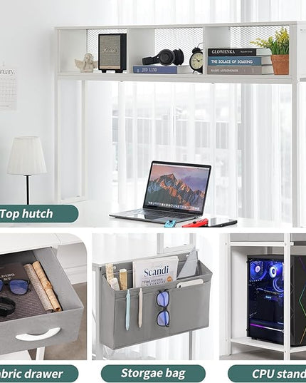 Yoobure L Shaped Desk Gaming Desk with LED Strip & Power Outlet, Reversible L-Shaped Computer Desk with Storage Shelf & Drawer, Corner Desk with Storage Bag, 2 Person Home Office Desk, White - LeafyLoom