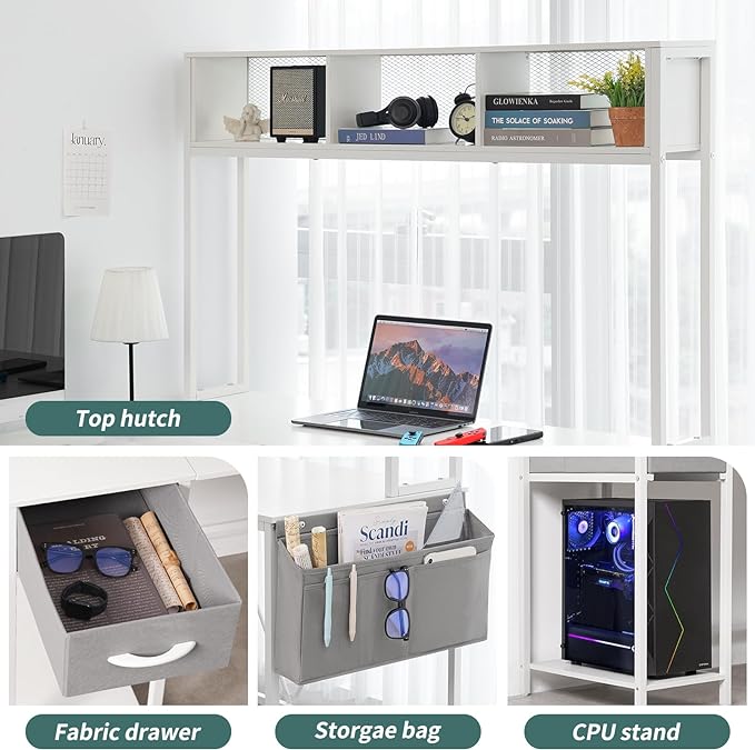 Yoobure L Shaped Desk Gaming Desk with LED Strip & Power Outlet, Reversible L-Shaped Computer Desk with Storage Shelf & Drawer, Corner Desk with Storage Bag, 2 Person Home Office Desk, White - LeafyLoom