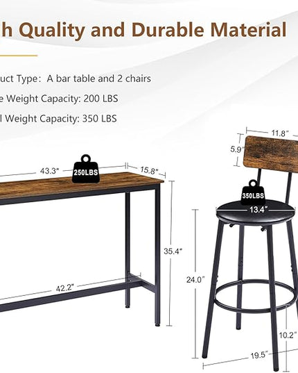 Bar Table and 2 Chairs Set, Industrial Style Bar Stools PU Upholstery Seat with Backrest, 3 Pieces Pub Dining Table Set for Kitchen, Apartment, Small Space, Brown - LeafyLoom