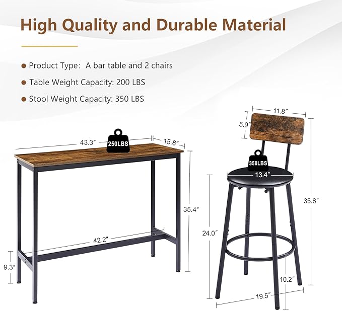 Bar Table and 2 Chairs Set, Industrial Style Bar Stools PU Upholstery Seat with Backrest, 3 Pieces Pub Dining Table Set for Kitchen, Apartment, Small Space, Brown - LeafyLoom