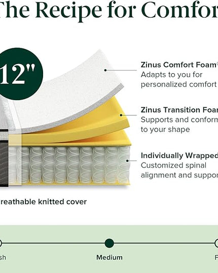 Zinus 12 Inch True Support Hybrid Mattress [New Version], King, Fiberglass Free, Medium Feel, Motion Isolation, Certified Safe Foams & Fabric, Mattress in A Box - LeafyLoom