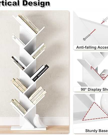 Function Home 9 Tier Tree Bookshelf, Modern Tall Geometric Bookcase, Freestanding Book Shelf, Wood Floor Storage Shelf for Living Room, Bedroom, Home Office,White - LeafyLoom