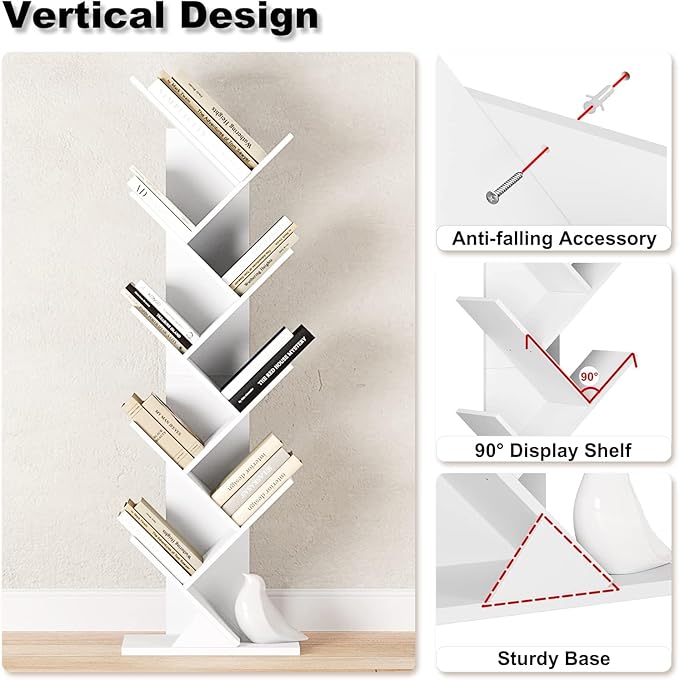 Function Home 9 Tier Tree Bookshelf, Modern Tall Geometric Bookcase, Freestanding Book Shelf, Wood Floor Storage Shelf for Living Room, Bedroom, Home Office,White - LeafyLoom