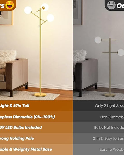 Dimmable Floor Lamp for Living Room, 67” Gold Standing Lamp with 3 Globe Glass Shade, Modern Tall Lamp, Adjustable 3-Light Tree Pole Lamp, Brass Corner Lamp for Bedroom Office Hotel, 3 Bulbs Included - LeafyLoom