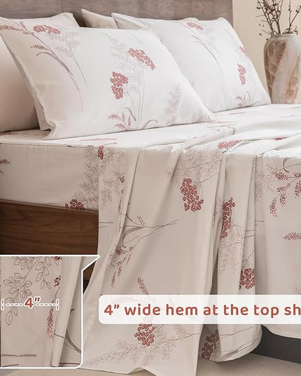 QSH Floral Bed Sheets Queen Size - 100% Egyptian Cotton Sheets Elegant Aesthetic Flower Pattern Printed Bedding Sheets Queen Size Bed Extra Soft and Breathable 4pcs Deep Pockets Bed Sheets - LeafyLoom