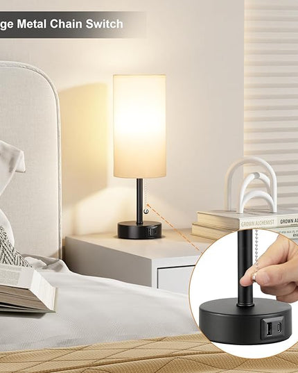 White Table Bedside Lamp for Bedroom Nightstand - Small Lamp with USB A + C Charging Port, 3 Color Temperatures Pull Chain Night Stand Light with Bulb, Side Table Desk Reading Lamp for Living Room - LeafyLoom