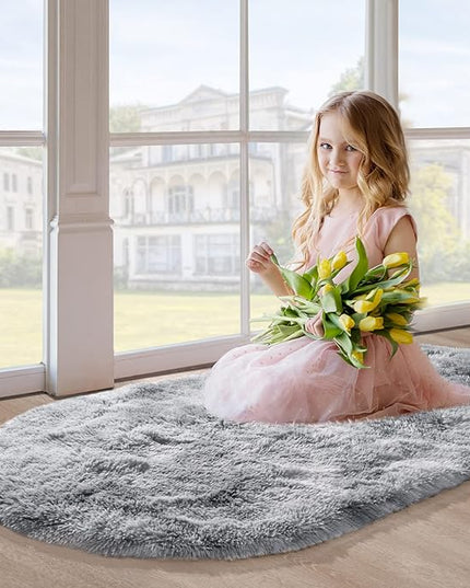 Merelax Soft Shaggy Rug for Kids Bedroom, Oval 2.6'x5.3' Plush Fluffy Rugs for Living Room, Furry Carpet for Teen Girls Room, Anti-Skid Fuzzy Comfy Rug for Nursery, Cute Baby Play Mat,Tie-dyed Grey - LeafyLoom