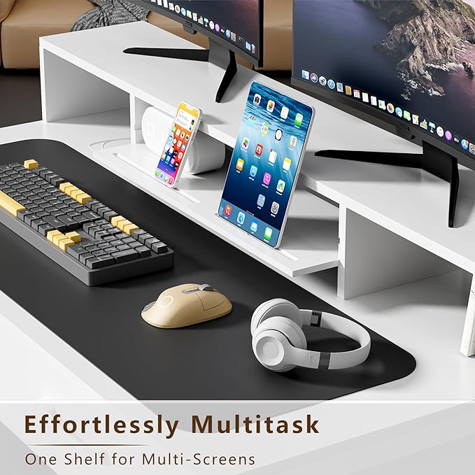 Computer Desk with Drawers, 47" Home Office Desk with Monitor Shelf, Writing Desk with Storage, Gaming Desk Work Desk Study Desk for Bedroom, White - LeafyLoom