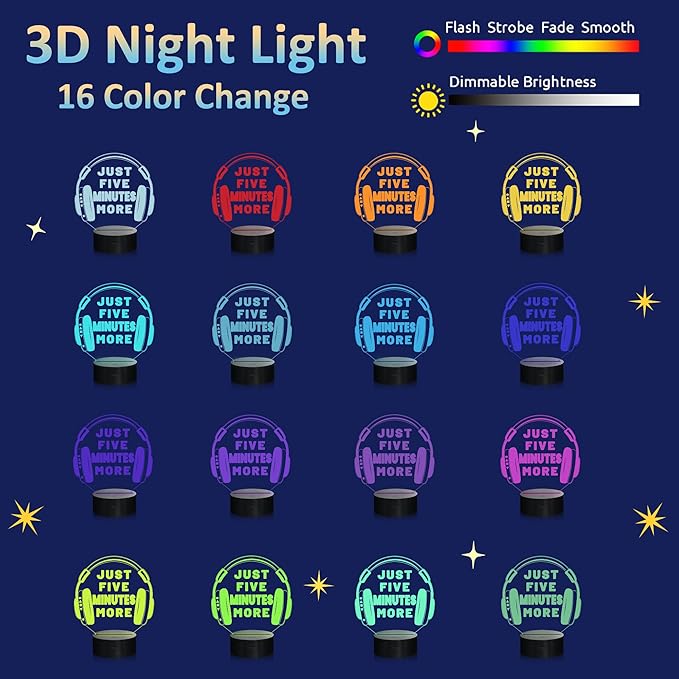 Attivolife Just Five Minutes More Night Light, Headphone Graphic Video Games Gamer Room Decor, Funny Gift 3D Illusion Lamp 16 Colors Changing Touch & Remote Control for Men Teenagers Kids - LeafyLoom