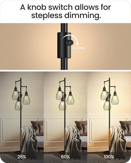 Farmhouse Dimmable Floor Lamp, Industrial Tall Standing Tree Lamp with 3 Elegant Teardrop Cage Heads, 4W 3 LED Bulbs Included, Rustic Standing Lamp for Living Room, Bedroom, Black B01LD05 - LeafyLoom