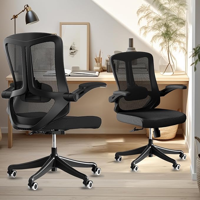 Office Chair with 350LBS Capacity, Ergonomic Comfort Home Desk Chair, Mid Back Gaming Chair with Wheels, Adjustable Height, Lumbar Support, Flip-up Armrest - LeafyLoom