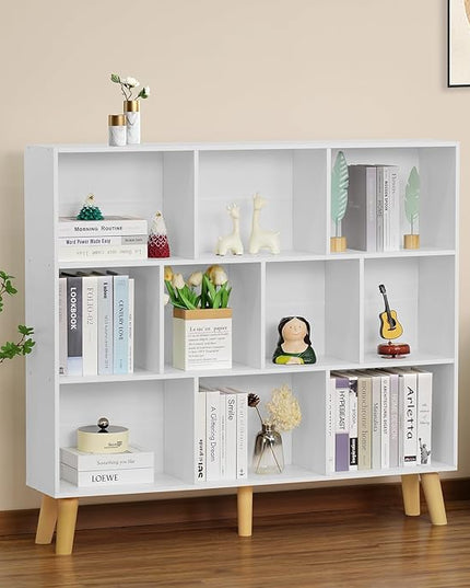 YAHARBO 10 Cube White Bookshelf,3 Tier Book Shelf with Legs,Modern Minimalist Bookcase,Open Book Shelves Storage Organizer,Frees Standing Wooden Display Bookcases for Small Space,Bedroom,Living Room - LeafyLoom