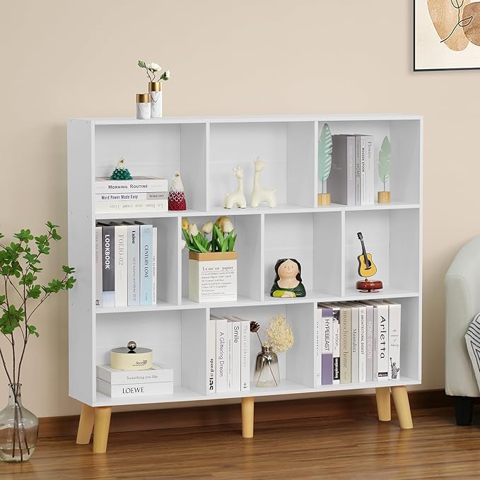 YAHARBO 10 Cube White Bookshelf,3 Tier Book Shelf with Legs,Modern Minimalist Bookcase,Open Book Shelves Storage Organizer,Frees Standing Wooden Display Bookcases for Small Space,Bedroom,Living Room - LeafyLoom