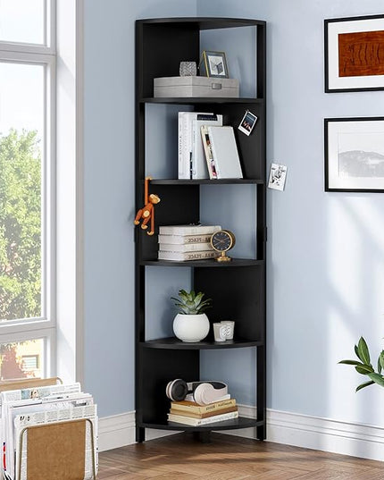 YITAHOME 6-Tier Corner Shelf, 68.8" Tall Modern Free Standing Zigzag Corner Bookshelf, 6 Shelf Display Corner Bookcase Open Small Book Shelves for Living Room, Home Office, Small Space, Black - LeafyLoom