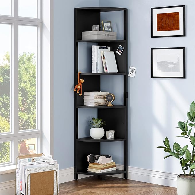 YITAHOME 6-Tier Corner Shelf, 68.8" Tall Modern Free Standing Zigzag Corner Bookshelf, 6 Shelf Display Corner Bookcase Open Small Book Shelves for Living Room, Home Office, Small Space, Black - LeafyLoom