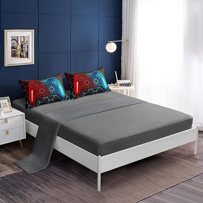 6 Pieces Bed in a Bag for Boys Bedding Sets Queen Size,Gamer Comforter Sets for Boys Kids, Gaming Comforter Set for Boys Room Decor with Flat Sheet,Fitted Sheet,Pillowcase,Cushion Cover - LeafyLoom