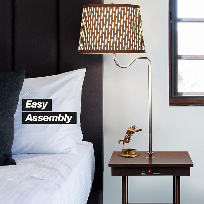 Brightech Madison Side Table with Lamp Combo, Desk Lamp with Wireless Charging Pad and USB Port, Bedside Reading Lamp, Nightstand Lamp with LED Bulb for Bedroom, Living Room, Office - Havana Brown - LeafyLoom