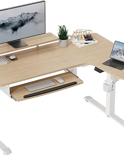 EUREKA ERGONOMIC Standing Desk Adjustable Height 61" Electric Sit Stand Computer Desk L Shaped with Keyboard Tray,Monitor Stand &LED, Dual Motor Memory Presets Sit to Desk Adjustable Desk, Right/Maple - LeafyLoom