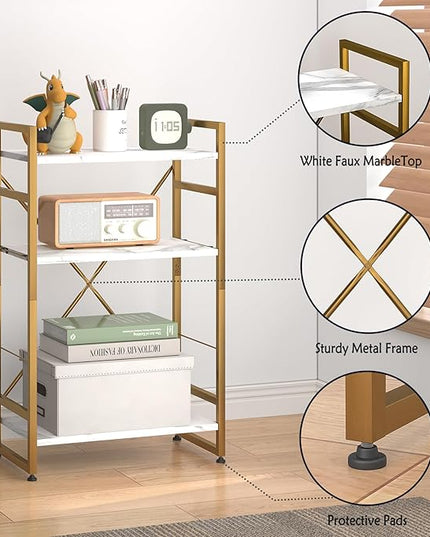 Bookshelf Organizer,3 Tiers Adjustable White Faux Marble Small Bookcase for Small Space,Industrial Wooden Storage Bookcase Display Rack and Storage Organizer for Living Room Home Office(Glod - LeafyLoom
