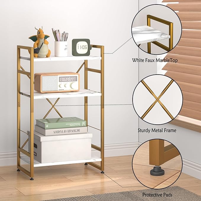 Bookshelf Organizer,3 Tiers Adjustable White Faux Marble Small Bookcase for Small Space,Industrial Wooden Storage Bookcase Display Rack and Storage Organizer for Living Room Home Office(Glod - LeafyLoom