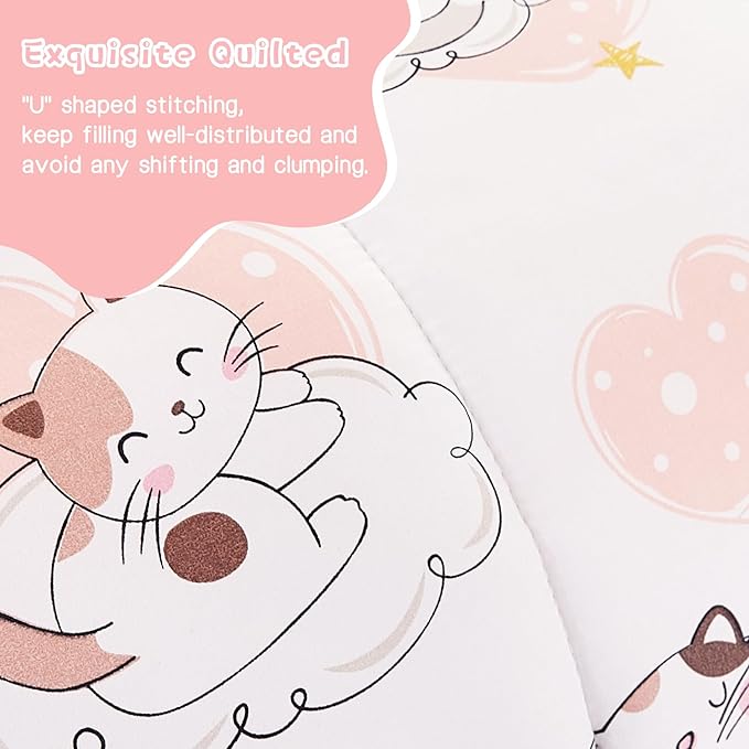 Cat Kids Comforter Set for Girls Full Size, Cute Quilted Pink Heart Printed Bedding Set with Pillow Sham, Lightweight Soft Breathable Machine Washable Bed Set 3 Piece - LeafyLoom