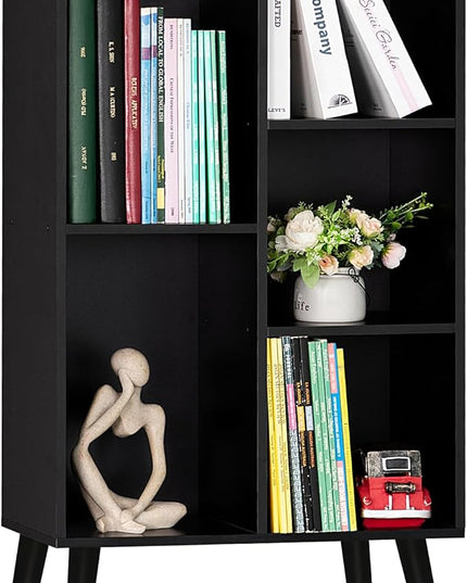 YAHARBO Small Black Narrow Bookshelf,3 Tier Modern Bookcase with Legs,Bookshelves Wood Storage Shelf,Rustic Book Shelves Cube Organizer,Display Bookcase - LeafyLoom