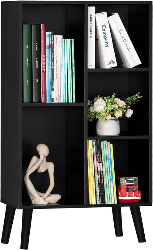 YAHARBO Small Black Narrow Bookshelf,3 Tier Modern Bookcase with Legs,Bookshelves Wood Storage Shelf,Rustic Book Shelves Cube Organizer,Display Bookcase - LeafyLoom