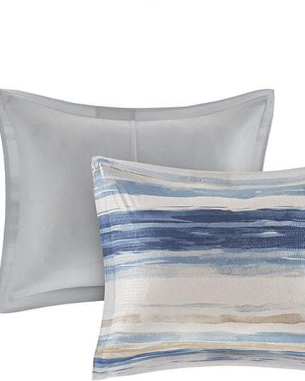 Madison Park Marina Comforter Quilt Combo Set - Modern Luxury Design, All Season Down Alternative Bedding, Matching Shams, Decorative Pillows, King/Cal King(104"x92") Seersucker Blue 8 Piece - LeafyLoom