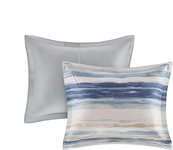 Madison Park Marina Comforter Quilt Combo Set - Modern Luxury Design, All Season Down Alternative Bedding, Matching Shams, Decorative Pillows, Full/Queen(90"x90"), Seersucker Blue 8 Piece - LeafyLoom